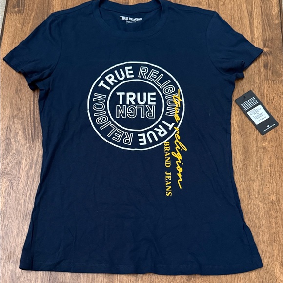 True Religion Tops - True Religion Navy Short-Sleeve Logo Graphic Tee with Yellow Script